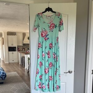 Tickled Teal Aqua Rose Print Maxi Dress